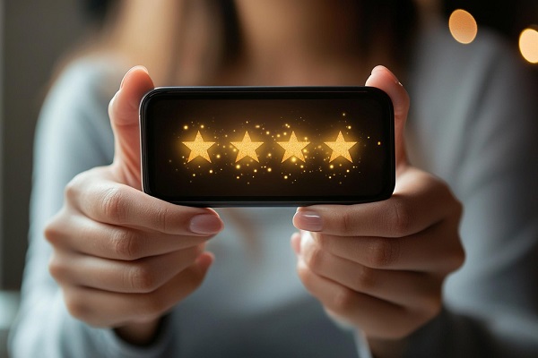 Woman holding phone with 4 golden stars on it